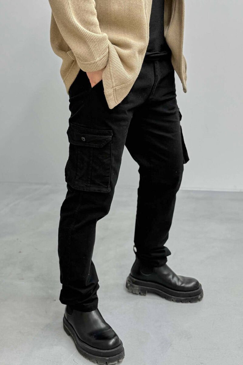 REGULAR ONE COLOR CARGO MEN PANTS BLACK/ E ZEZE - 2
