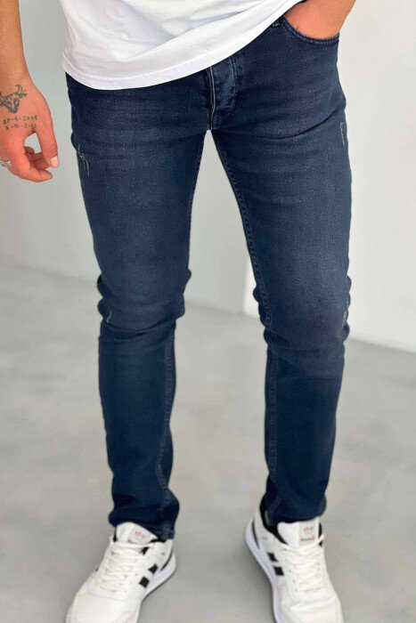 REGULAR ONE COLOR DENIM MEN JEANS DARK BLUE/BEE - KLAUDIO FASHION