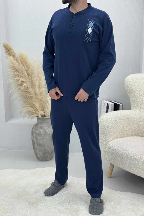 RHOMBUS BUTTONED SWEATSHIRT+SWEATPANTS MEN PYJAMAS DARK BLUE/BEE - KLAUDIO FASHION