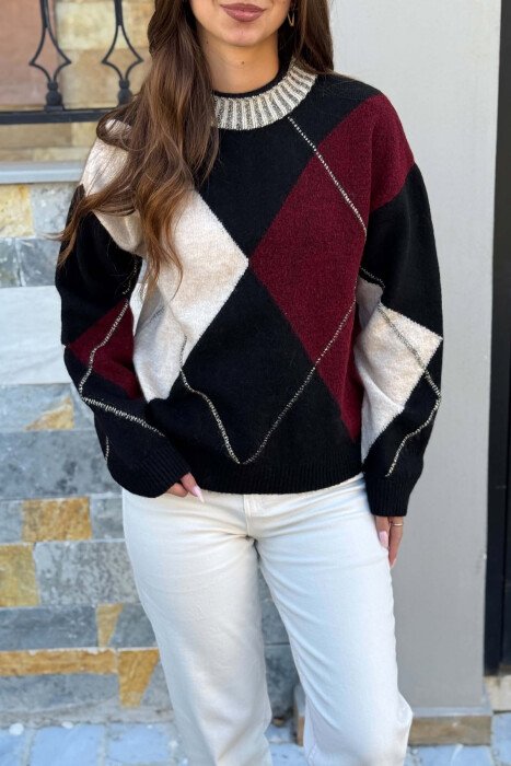 RHOMBUS DESIGN KNITTED WOMEN SWEATER MULTIPLE/SHNGJ - 2