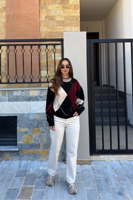 RHOMBUS DESIGN KNITTED WOMEN SWEATER MULTIPLE/SHNGJ - 5