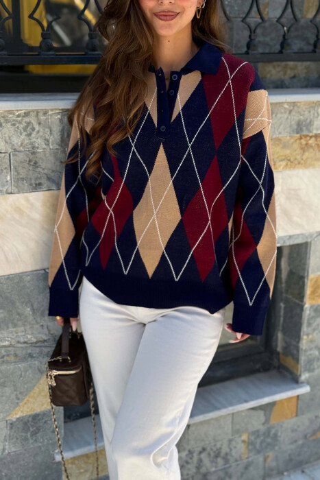 RHOMBUS DESIGN POLO BUTTONED NECK WOMEN SWEATER BLUE/BLU - 3