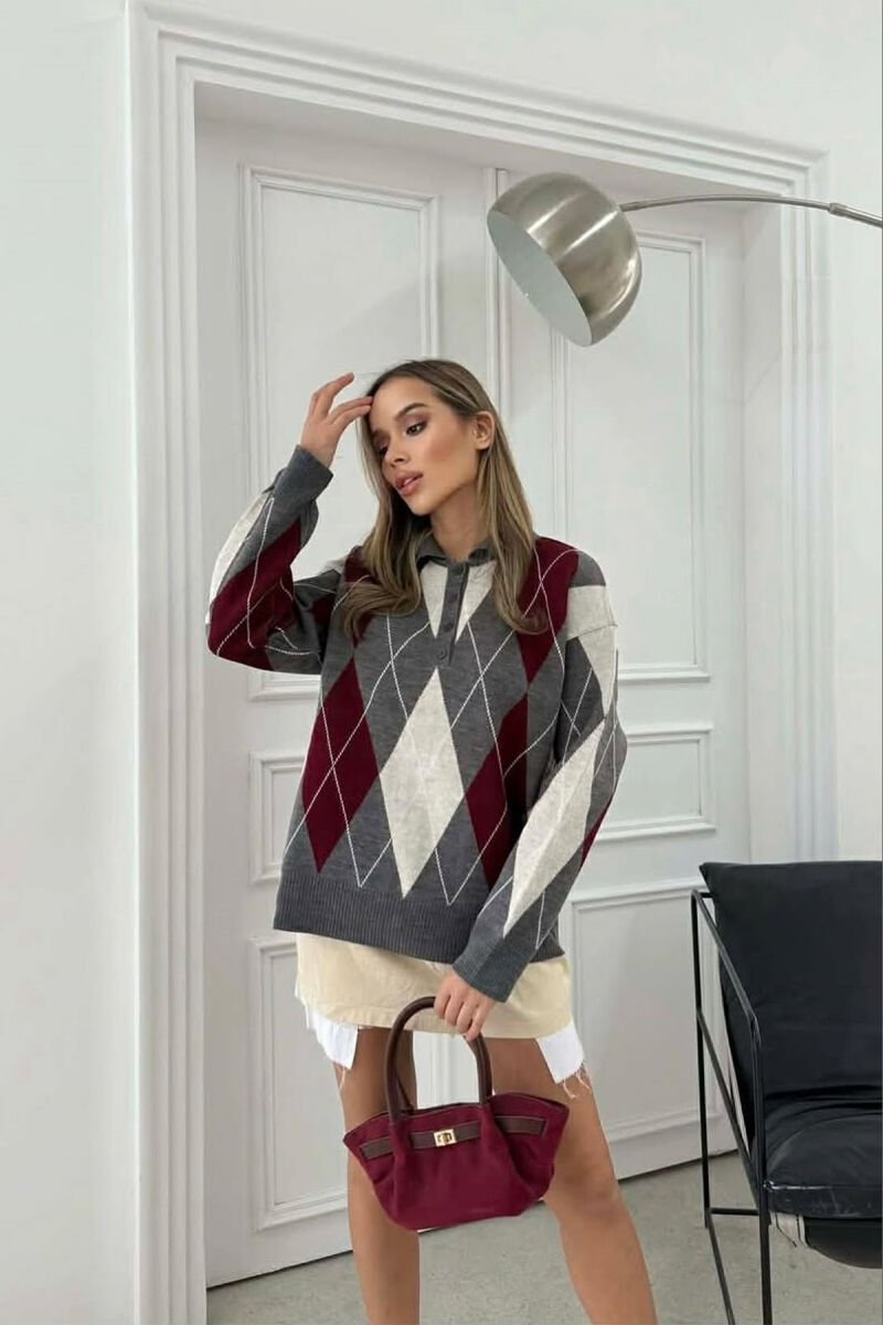 RHOMBUS DESIGN POLO BUTTONED NECK WOMEN SWEATER GREY/GRI - 1
