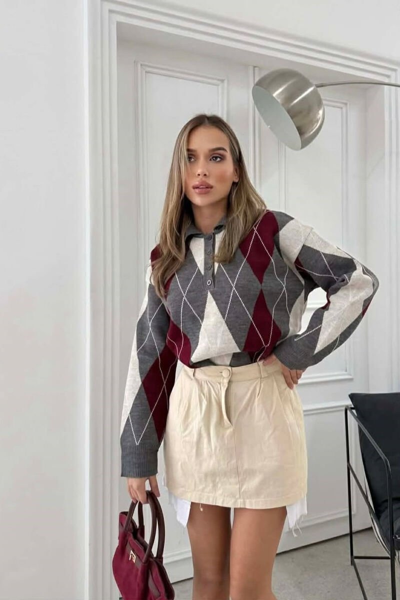RHOMBUS DESIGN POLO BUTTONED NECK WOMEN SWEATER GREY/GRI - 3