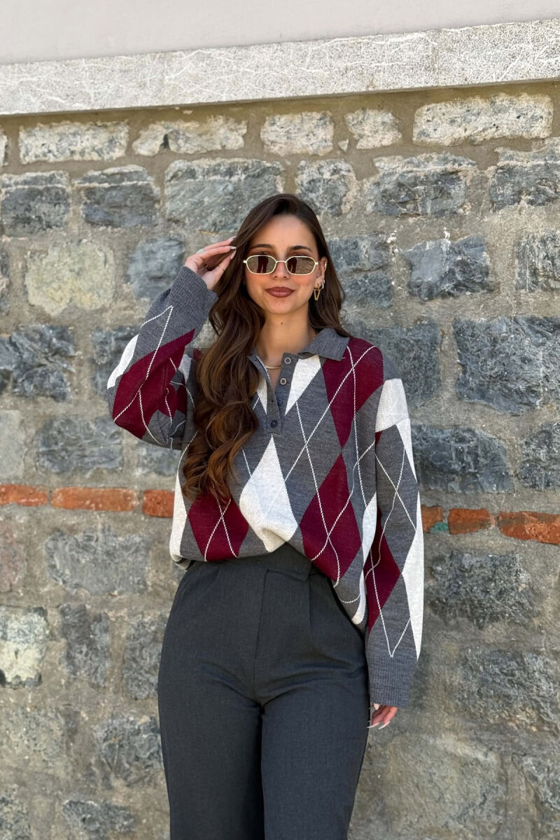 RHOMBUS DESIGN POLO BUTTONED NECK WOMEN SWEATER GREY/GRI - 1