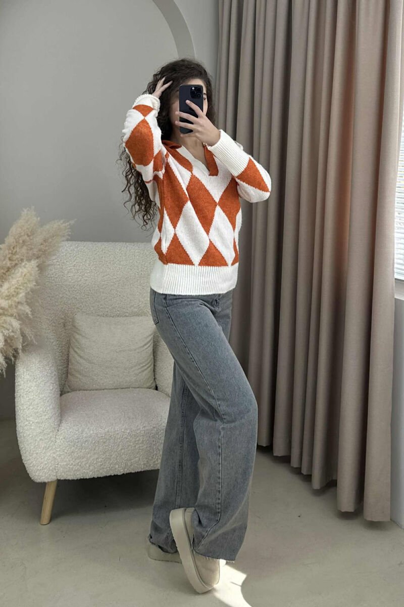 RHOMBUS DESIGN POLO NECK WOMEN SWEATER ORANGE/PORTOKALLI - 2