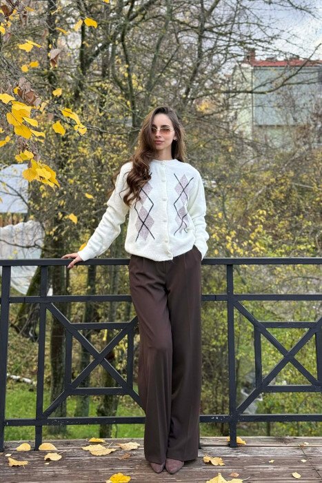RHOMBUS DESIGN SIMPLE WOMEN CARDIGAN CREAM/KREM 