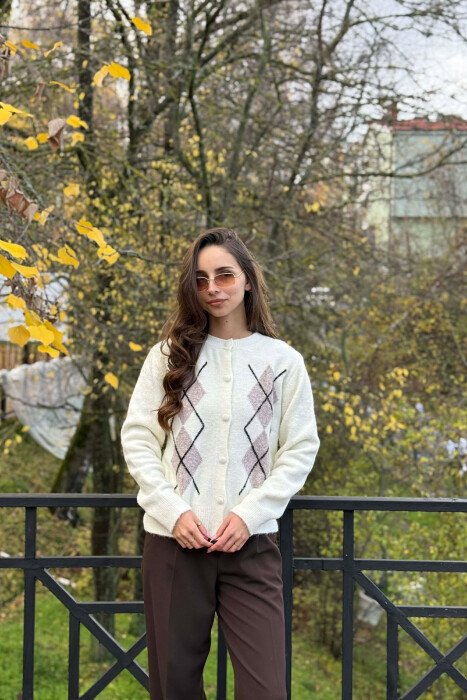 RHOMBUS DESIGN SIMPLE WOMEN CARDIGAN CREAM/KREM - 3
