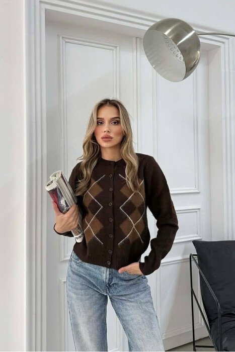 RHOMBUS DESIGN SIMPLE WOMEN SWEATER DARK BROWN/KAE - 1