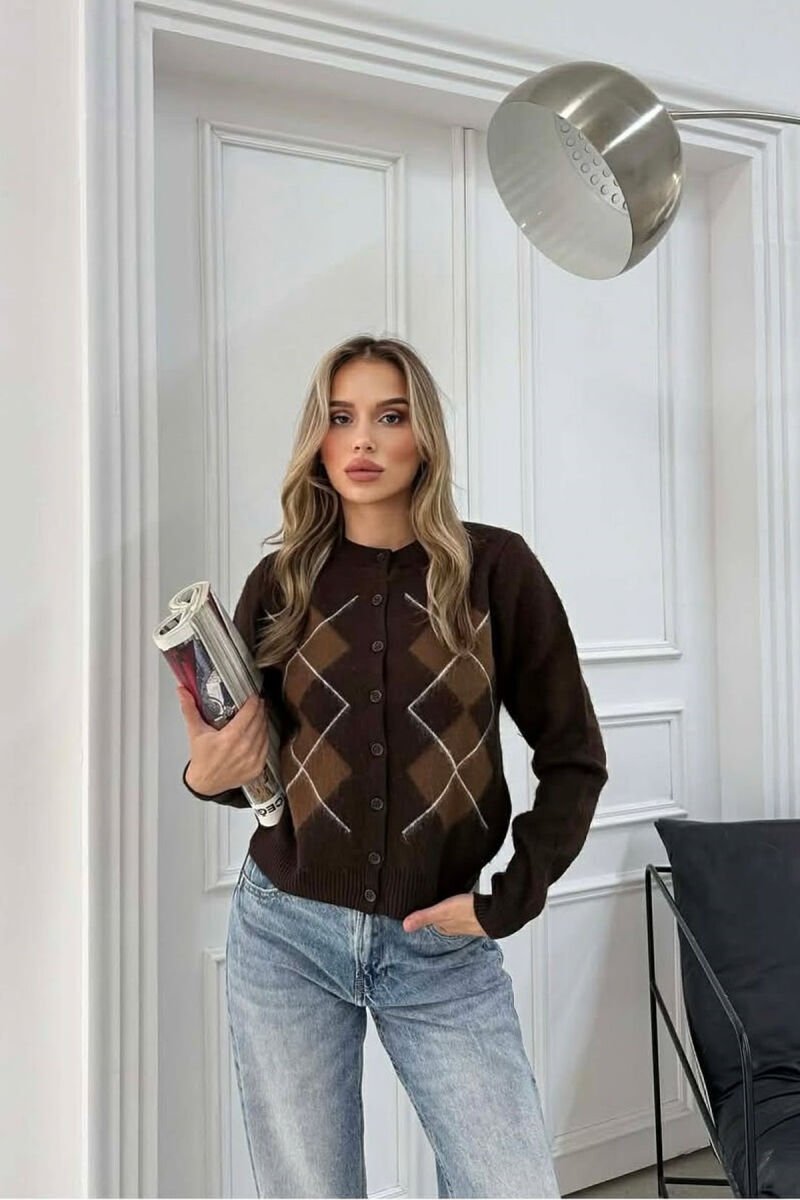 RHOMBUS DESIGN SIMPLE WOMEN SWEATER DARK BROWN/KAE - 1