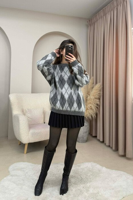 RHOMBUS DESIGN SIMPLE WOMEN SWEATER GREY/GRI - 1