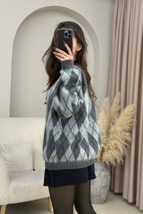 RHOMBUS DESIGN SIMPLE WOMEN SWEATER GREY/GRI - 4