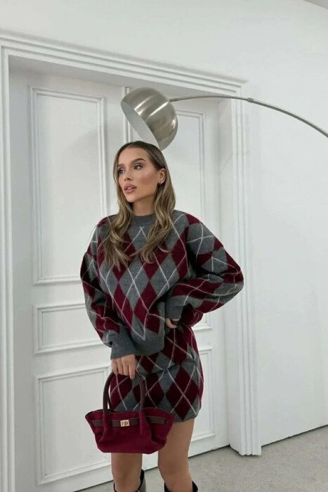 RHOMBUS DESIGN SWEATER+SKIRT WOMEN SET GREY/GRI - KLAUDIO FASHION