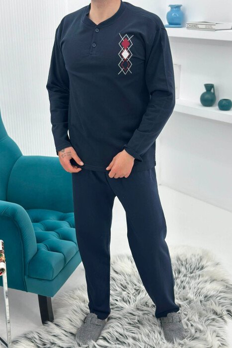 RHOMBUS LOGO SWEATSHIRT+SWEATPANTS MEN PYJAMAS DARK BLUE/BEE - 1