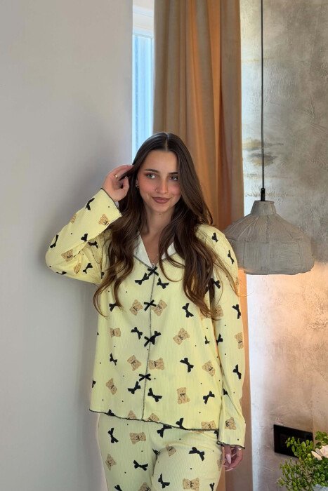 RIBBON & BEAR DESIGN SHIRT + TROUSERS WOMEN PYJAMAS YELLOW/E VERDHE - 2