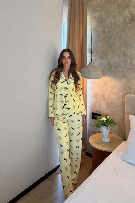 RIBBON & BEAR DESIGN SHIRT + TROUSERS WOMEN PYJAMAS YELLOW/E VERDHE - 4
