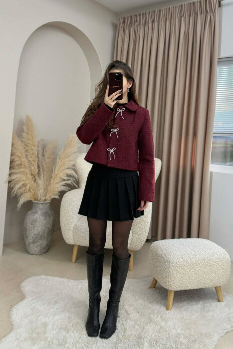RIBBON BUTTONS CROPPED WOMEN JACKET BURGUNDY/VISHNJE - 1