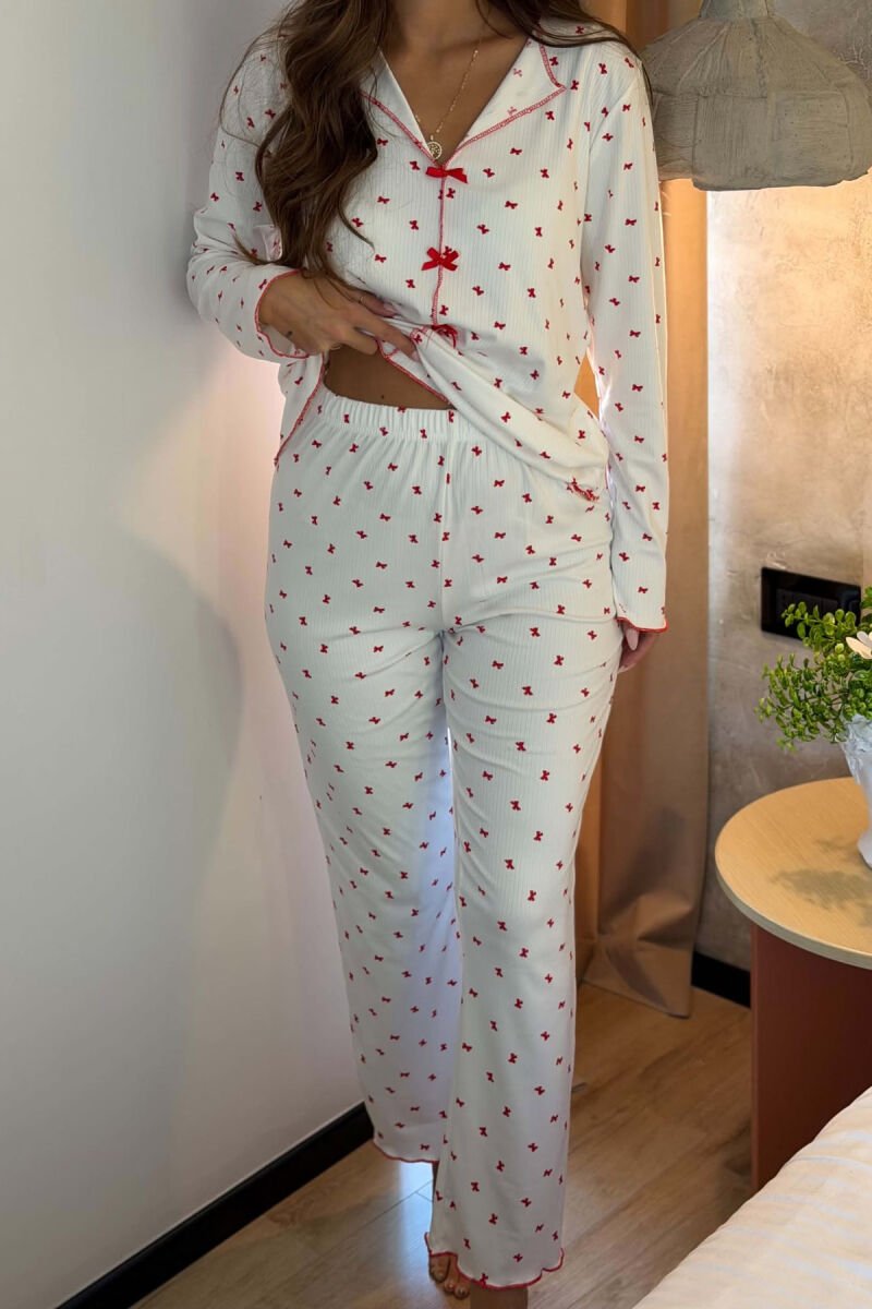 RIBBON DESIGN SHIRT+ TROUSERS WOMEN PYJAMAS WHITE-E BARDHE - 3