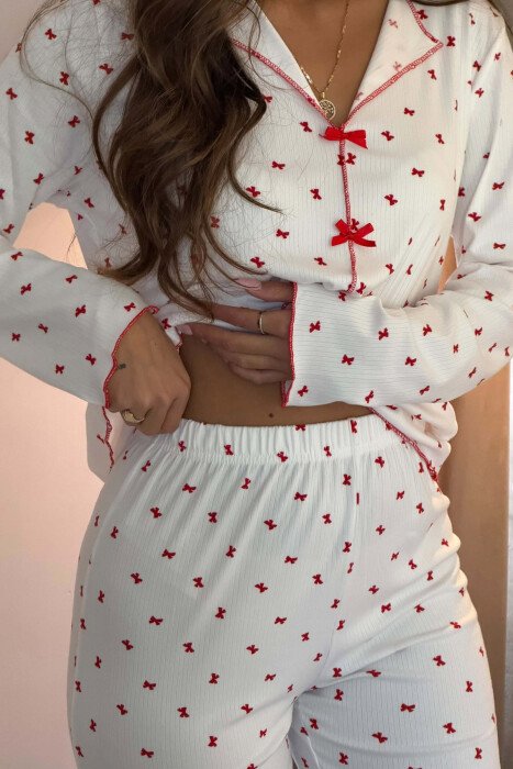 RIBBON DESIGN SHIRT+ TROUSERS WOMEN PYJAMAS WHITE-E BARDHE - 4
