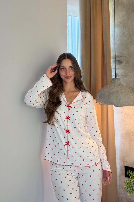 RIBBON DESIGN SHIRT+ TROUSERS WOMEN PYJAMAS WHITE-E BARDHE - 5