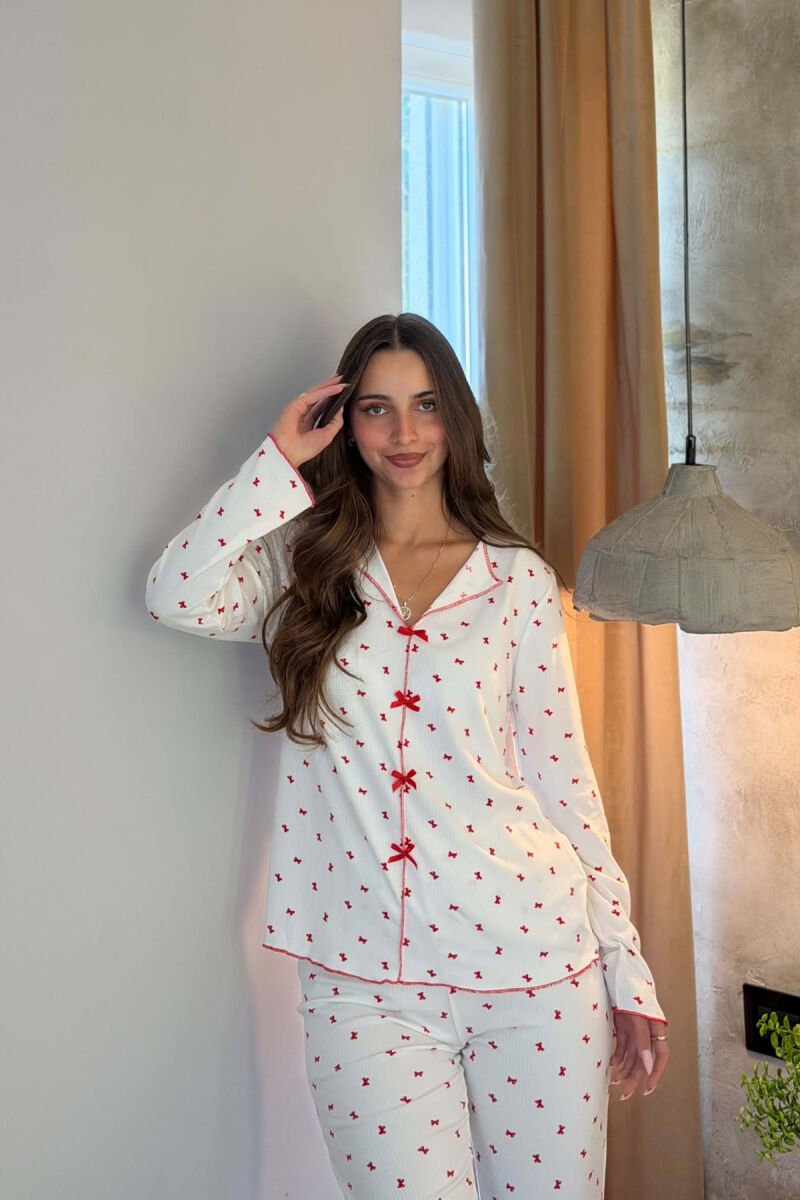 RIBBON DESIGN SHIRT+ TROUSERS WOMEN PYJAMAS WHITE-E BARDHE - 5