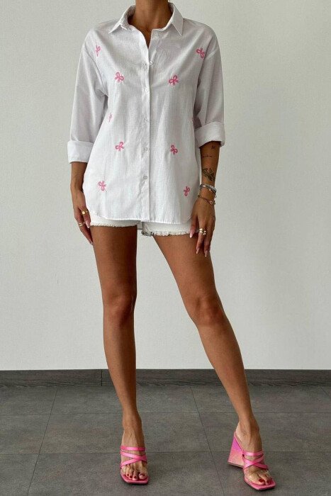 RIBBON DETAIL WOMEN SHIRT WHITE-E BARDHE - KLAUDIO FASHION