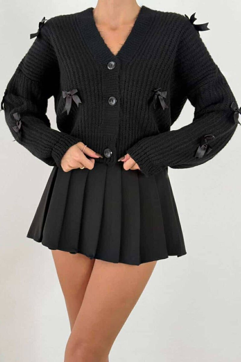 RIBBON DETAILS KNITTED WOMEN CARDIGAN BLACK/ E ZEZE - 1
