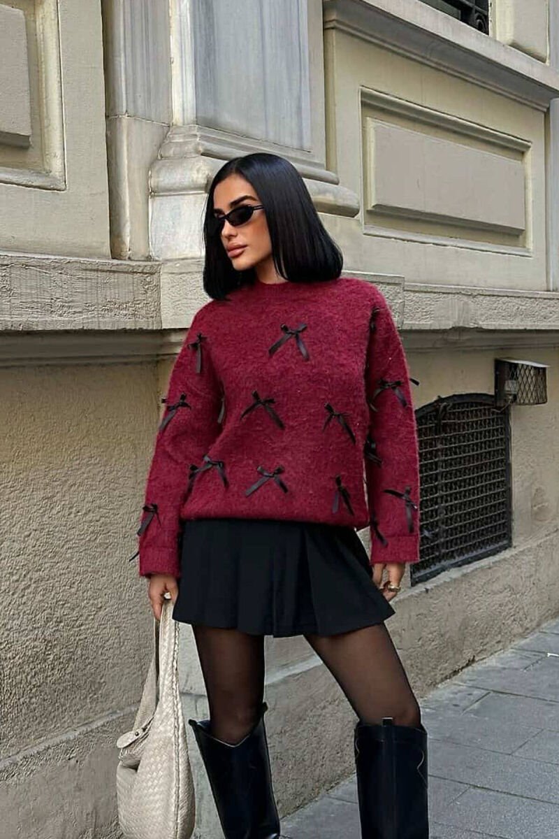 RIBBON DETAILS ONE COLOR WOMEN SWEATER BURGUNDY/VISHNJE - 1
