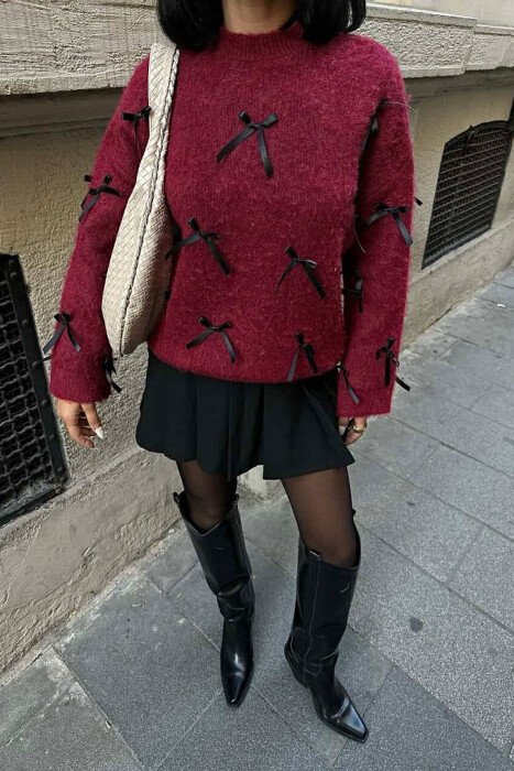 RIBBON DETAILS ONE COLOR WOMEN SWEATER BURGUNDY/VISHNJE - 4
