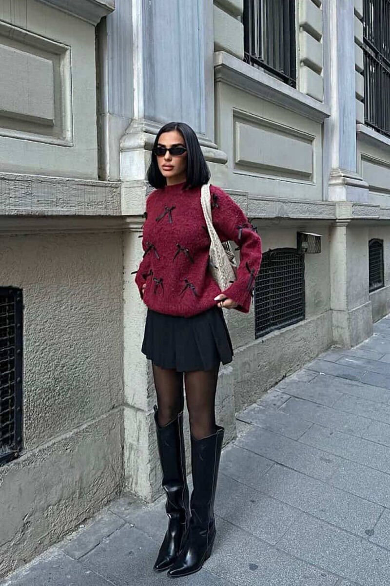 RIBBON DETAILS ONE COLOR WOMEN SWEATER BURGUNDY/VISHNJE - 6