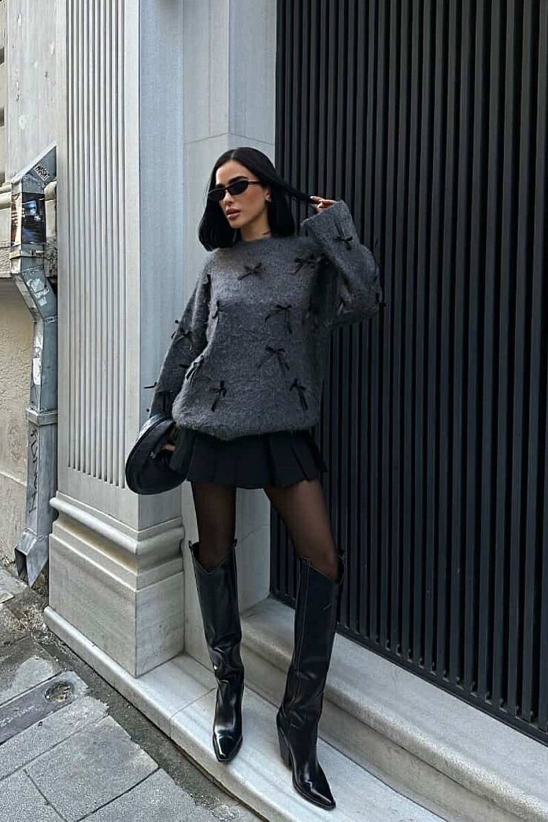 RIBBON DETAILS ONE COLOR WOMEN SWEATER GREY/GRI - 1