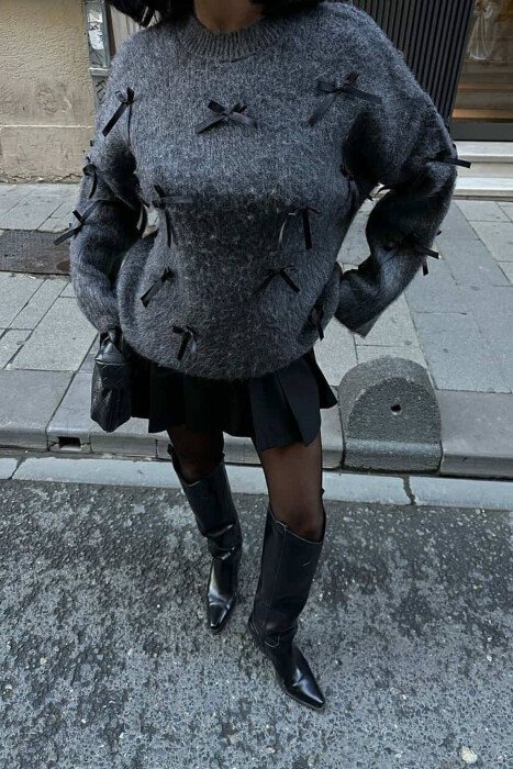 RIBBON DETAILS ONE COLOR WOMEN SWEATER GREY/GRI - 3