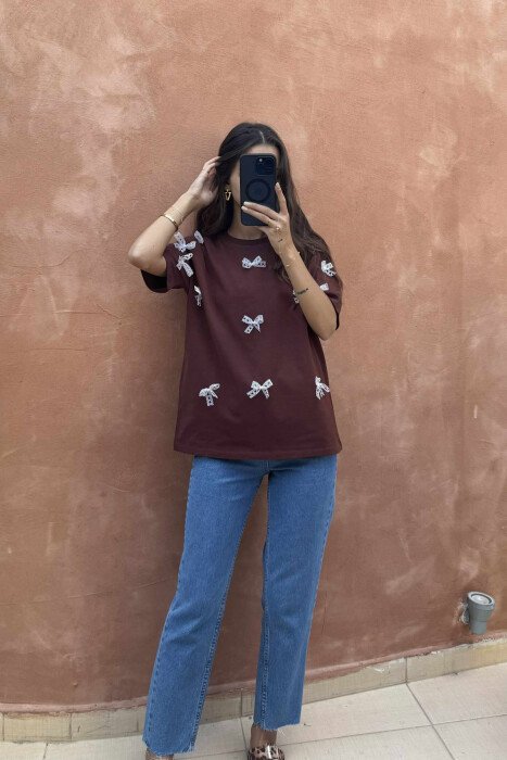 RIBBON DETAILS ONE COLOR WOMEN T-SHIRT BROWN/KAFE - 2