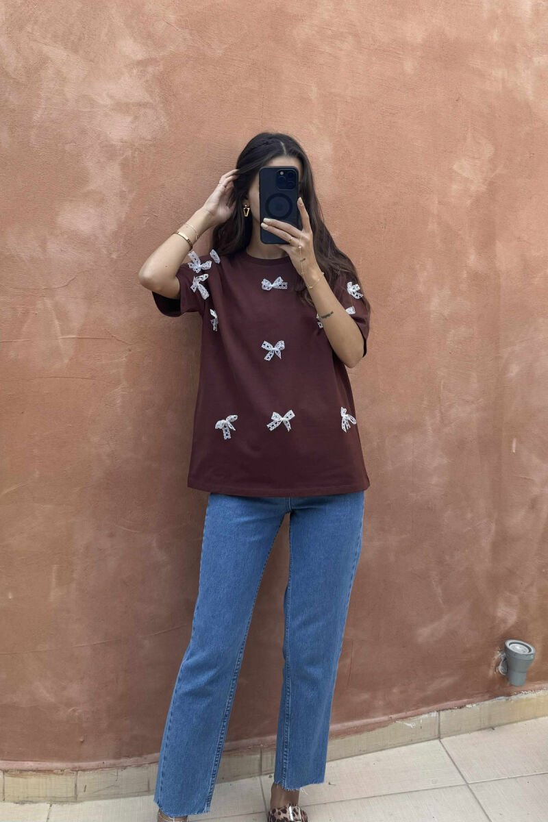 RIBBON DETAILS ONE COLOR WOMEN T-SHIRT BROWN/KAFE - 2