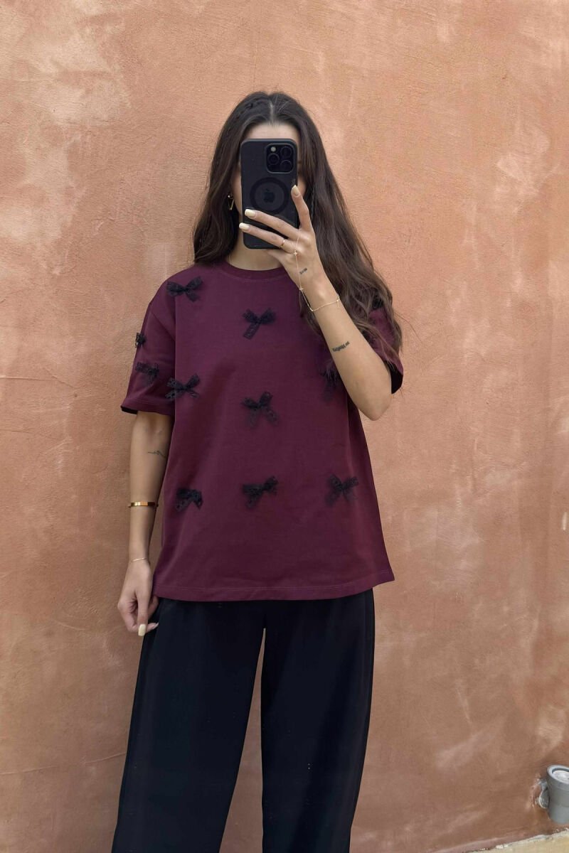 RIBBON DETAILS ONE COLOR WOMEN T-SHIRT BURGUNDY/VISHNJE - 1