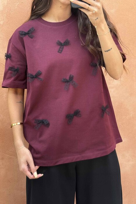RIBBON DETAILS ONE COLOR WOMEN T-SHIRT BURGUNDY/VISHNJE - 2