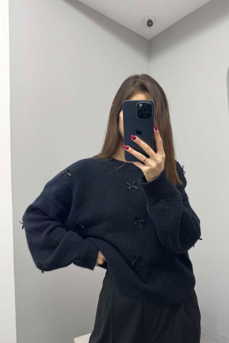 RIBBON DETAILS ROUND NECK WOMEN SWEATER DARK BLUE/BEE 
