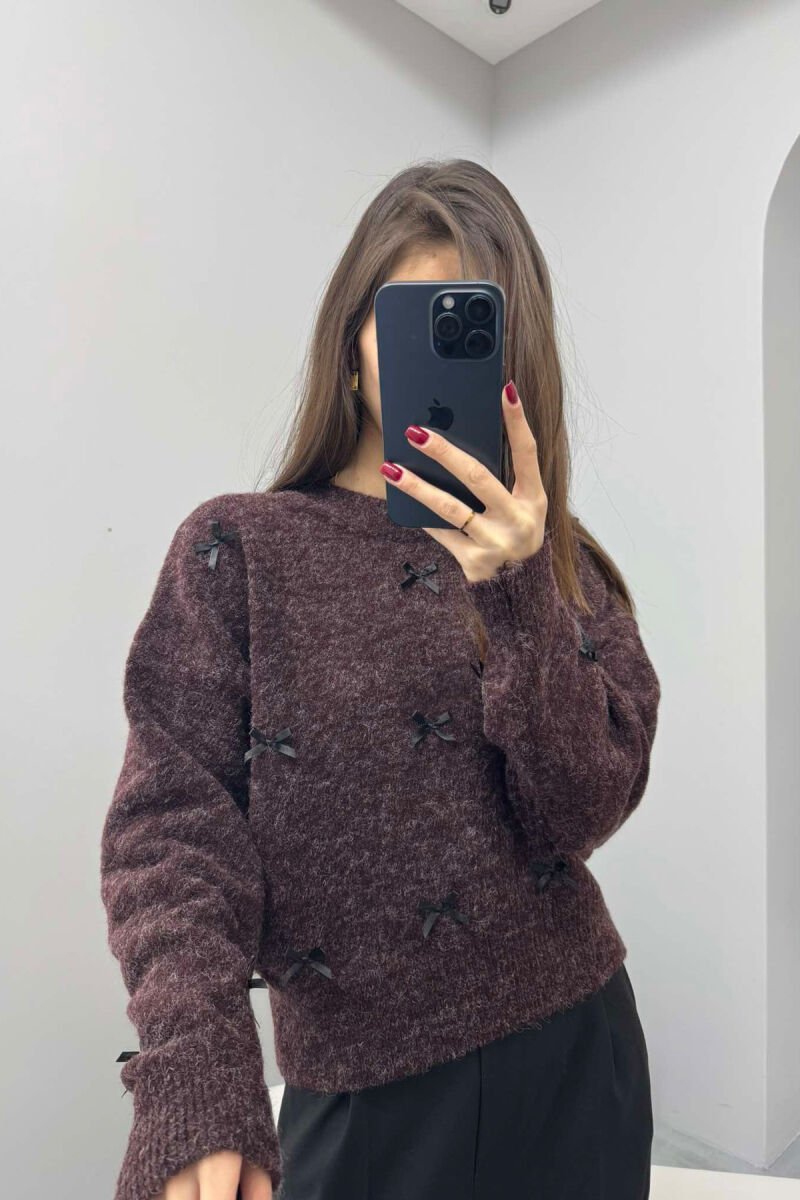 RIBBON DETAILS ROUND NECK WOMEN SWEATER BROWN/KAFE - 1