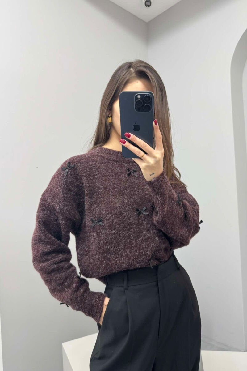 RIBBON DETAILS ROUND NECK WOMEN SWEATER BROWN/KAFE - 2