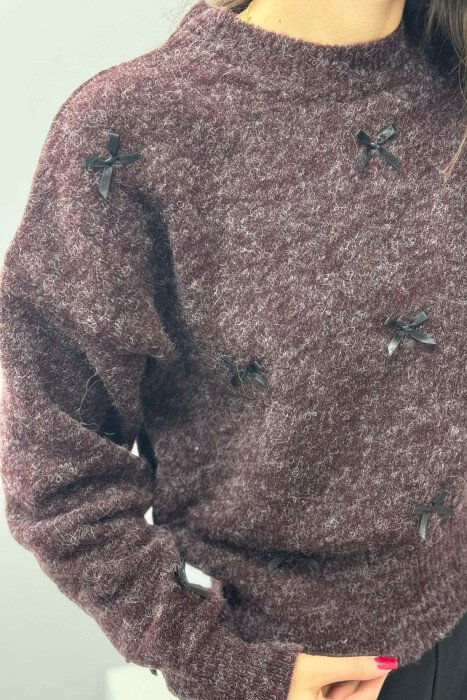 RIBBON DETAILS ROUND NECK WOMEN SWEATER BROWN/KAFE - 3