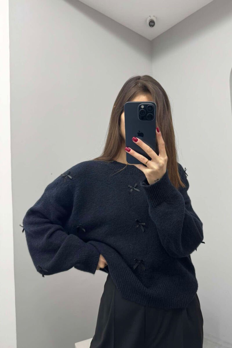RIBBON DETAILS ROUND NECK WOMEN SWEATER DARK BLUE/BEE - 1