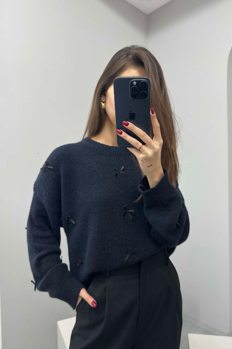 RIBBON DETAILS ROUND NECK WOMEN SWEATER DARK BLUE/BEE - 2