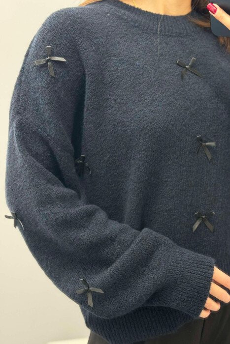 RIBBON DETAILS ROUND NECK WOMEN SWEATER DARK BLUE/BEE - 3