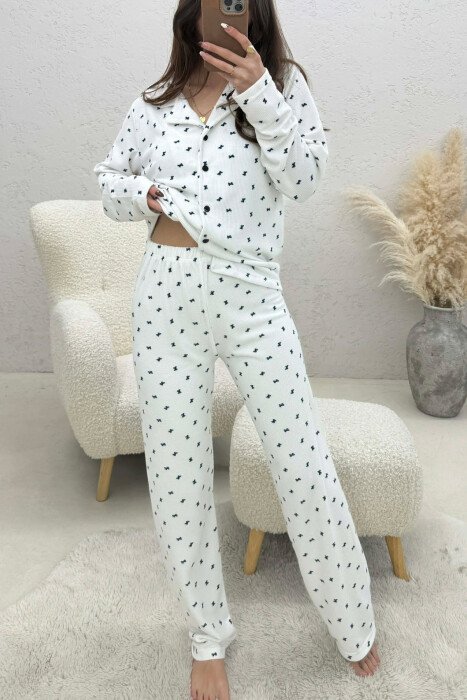 RIBBON DETAILS SHIRT+TROUSERS WOMEN PYJAMAS WHITE-E BARDHE - KLAUDIO FASHION