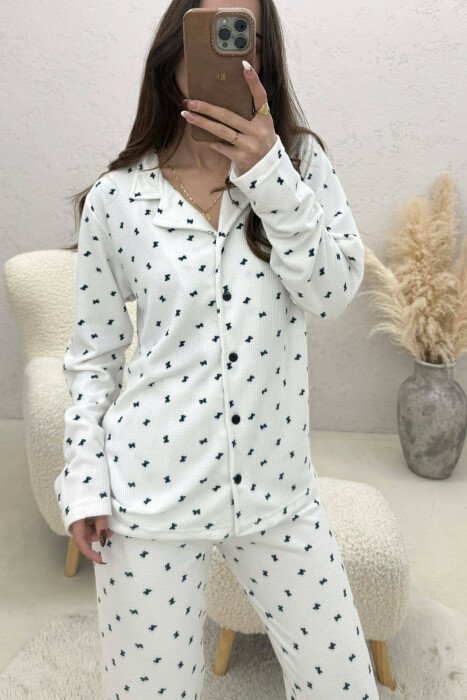 RIBBON DETAILS SHIRT+TROUSERS WOMEN PYJAMAS WHITE-E BARDHE - 2