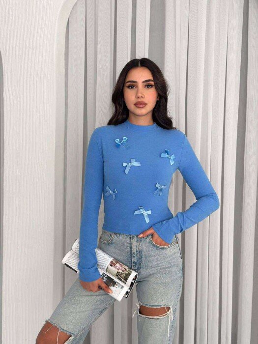 RIBBON DETAILS ONE COLOR WOMEN SWEATSHIRT LIGHTBLUE/BZ - 1