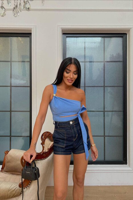 RIBBON ONE SHOULDERWOMAN TANK TOP LIGHTBLUE/BZ 