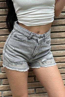 RIPED WOMAN SHORT JEANS GREY/GRI - KLAUDIO FASHION
