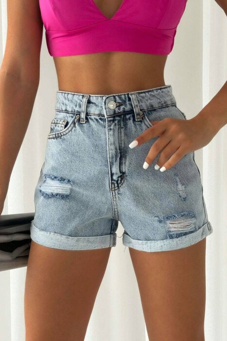 RIPED WOMAN SHORT JEANS LIGHTBLUE/BZ - KLAUDIO FASHION