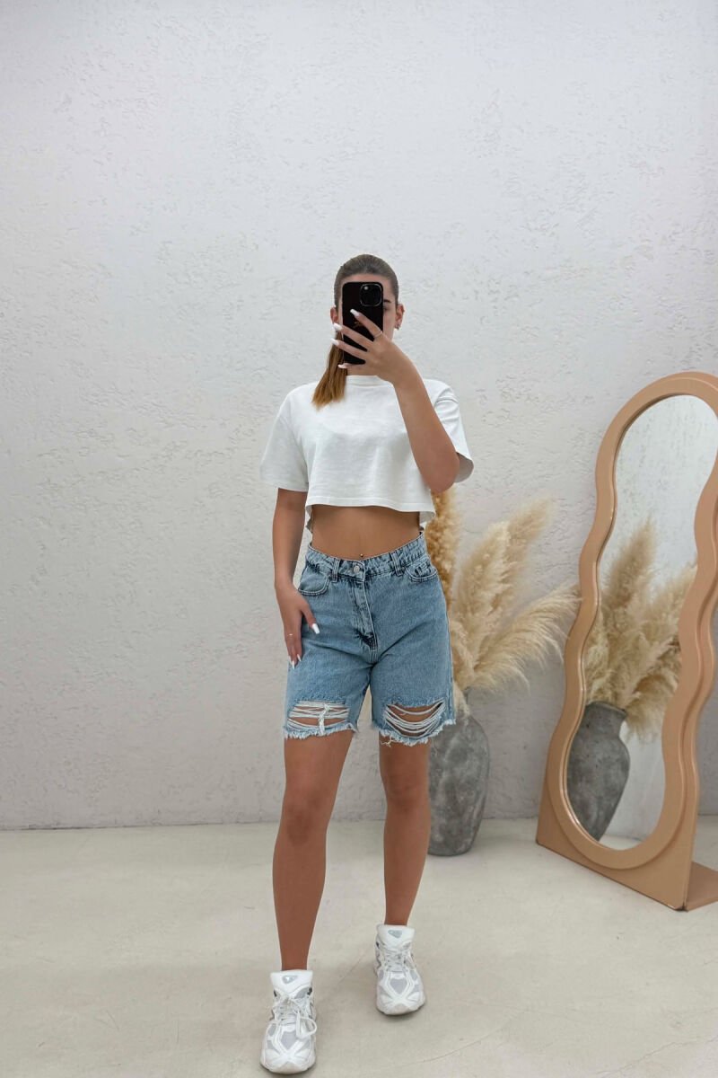 RIPPED KNEE HIGH WAIST DENIM WOMAN SHORTS LIGHTBLUE/BZ - 1